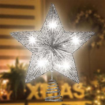 Lamphome Lighted Silver Glitter Thread Christmas Star Tree Topper, Silver, Cool White, 14"