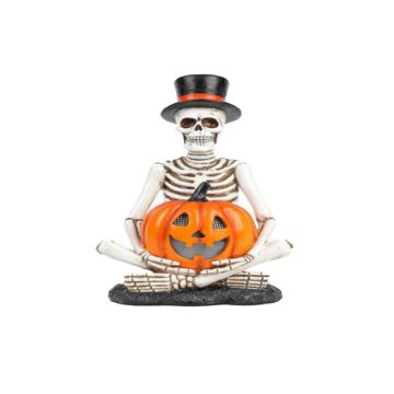 Luxe Light Décor Skeleton Sitting with Jack O Lantern, LCD eyes, Battery Operated