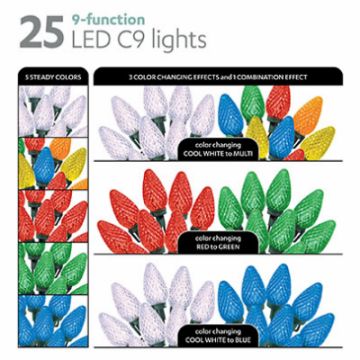 Holiday Wonderland, Multi-Function Christmas LED Color Sync C9 String Light Set, White/RGB, 25 Lights   
