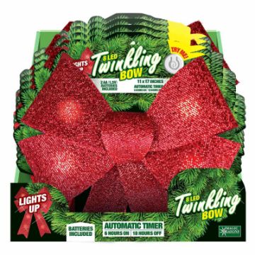 LED Twinkling Light Christmas Bow, Battery Operated, Timer, 11" x 17"