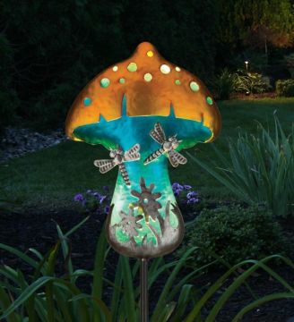 Regal Art & Gift Solar Stake Fantasy Mushroom 'Dragonfly Silhouette' 32" tall