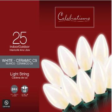 Incandescent Celebrations C9 Smooth White Ceramic Steady Green Cord, 25L/24FT