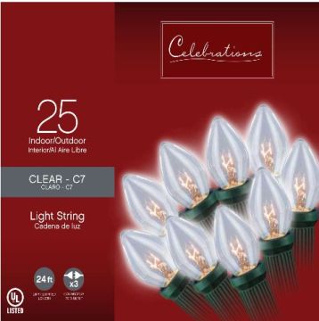 Incandescent Celebrations C7 Smooth Clear Steady Green Cord, 25L/24FT