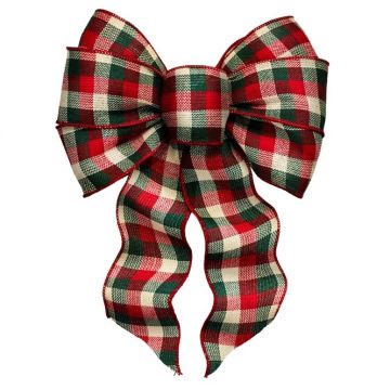 Holiday Trims 7 Loop Plaid Tan, Green, Red, Wired Bow, 14" 