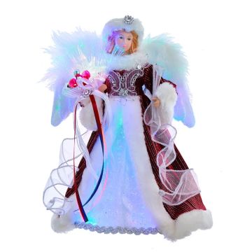 Kurt Adler 12“ 7L Color Changing LED Fiber-Optic Silver and Burgundy Angel Treetop