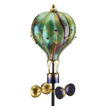 Regal Art & Gift Solar Wind Spinner Stake Glass Hot Air Balloon 'Green Swirl' 62" tall