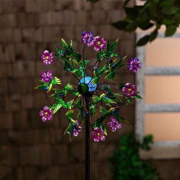 Evergreen Pollinator Garden Wind Spinner, Solar Metal Green Hummingbird & Flowers, 74"H