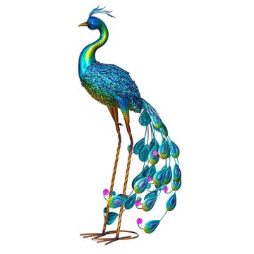 Evergreen Palm Beach Garden Statue, Solar Metal Vibrant Peacock, 33" H