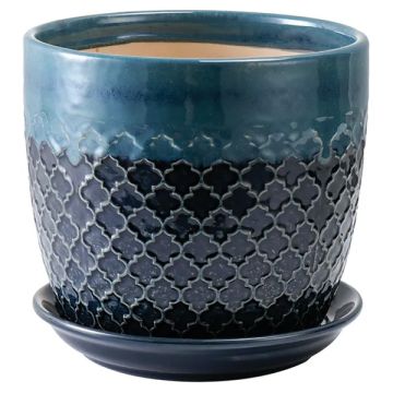 BORDER CONCEPTS Abra Ogee Planter with Attached Saucer 'Blue Drip'