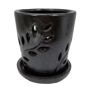 BORDER CONCEPTS Orchid Pot with Attached Saucer 'Fern Frond' Matte Black