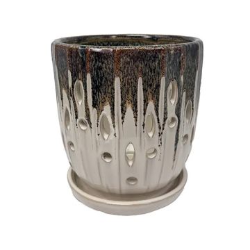 BORDER CONCEPTS Orchid Pot with Attached Saucer 'Calanth' Dripped Chocolate & Cotton