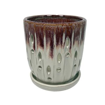 BORDER CONCEPTS Orchid Pot with Attached Saucer 'Calanth' Dripped Crimson & Cotton