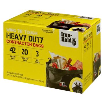 Iron-Hold Heavy Duty 3 mil Contractor Bags with Wing Ties 42 Gallon 20ct