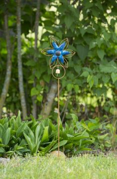 Ancient Graffiti, Blue Open Petal Flower Garden Stake with Bell