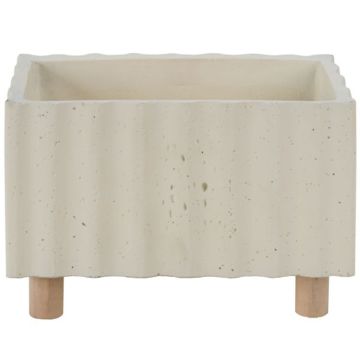 Rectangular Ivory Cement Plant Stand with Wood Legs, 6.5"