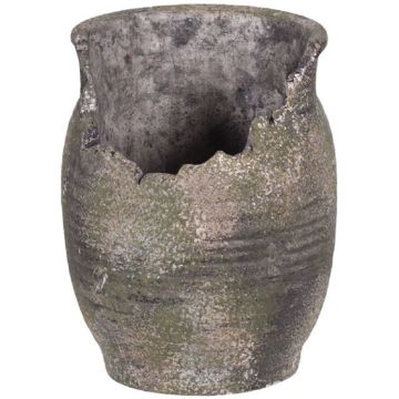 Round Moss Colored Cememnt Weathered Broked Pot, 6.5"