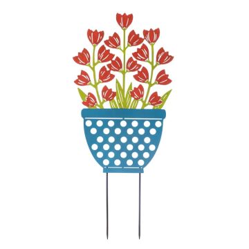 Napco Blue Pot with Orange Flowers Stake 25.5" tall