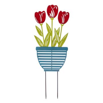 Napco Blue Pot with Red Tulips Metal Stake 25.5" tall