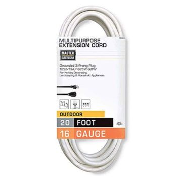 MASTER ELECTRICIAN Outdoor Multi-Purpose Extension Cord Grounded 3-Prong Plug 16/3 Gauge White 20FT