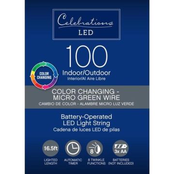 Celebrations LED, Big Seed Color Changing Battery Operated Green Wire, 100L/16.5FT