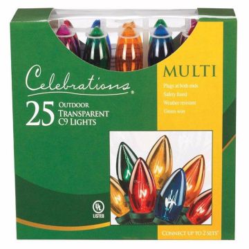 Incandescent Celebrations C9 Smooth Multi Transparent Steady Green Cord, 25L/24FT