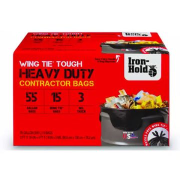 Iron-Hold Heavy Duty 3 mil Contractor Bags with Wing Ties 55 Gallon 15ct
