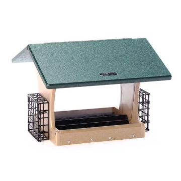 Birds Choice, Large Hopper Bird Feeder with Suet Cages in Taupe & Green Recycled Plastic