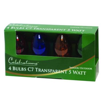 Incandescent Celebrations C7 Multi-Colored Transparent Bulbs, 4 pack