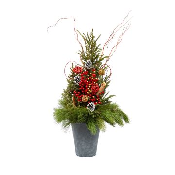 'Traditional Holiday Glitz' Spruce Tip Container with Red & Green Accents