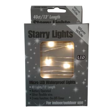 Holiday Bright Lights Starry Micro Warm White 40 Lights Silver Wire 13FT
