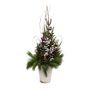 'Traditional Holiday Glitz' Spruce Tip Container with Purple Accents