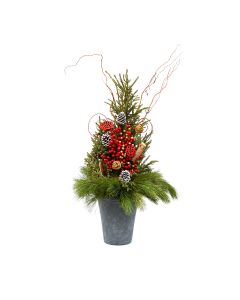 'Traditional Holiday Glitz' Spruce Tip Container with Red & Green Accents