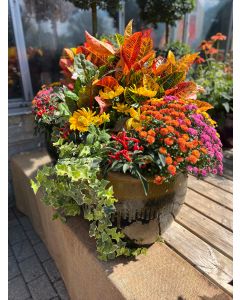 Two Custom Fall Combo Patio Arrangements in Glazed Pottery