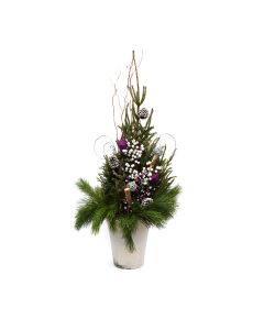 'Traditional Holiday Glitz' Spruce Tip Container with Purple Accents